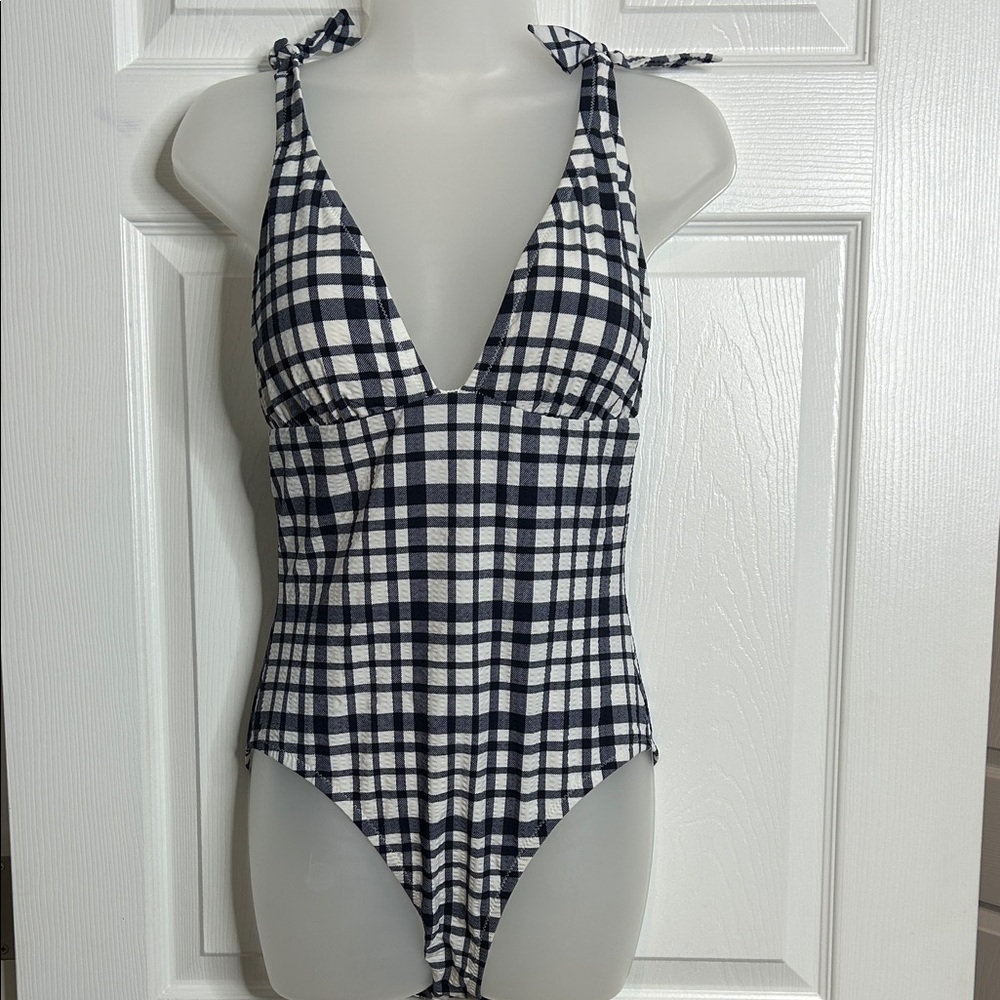J. Crew Navy and White Checkered Swimsuit 8 Padded One Piece - Picture 1 of 5